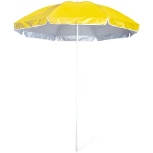 A yellow and silver beach umbrella with a straight white pole, featuring a logo on the fabric.