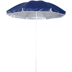 A navy blue beach umbrella with a white underside and a white pole, featuring a logo on the canopy.