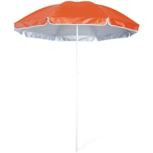 An orange beach umbrella with a silver underside and a white pole. It features a simple design.