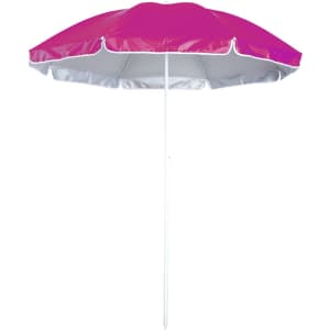 A pink beach umbrella with a white underside and a sturdy white pole. It has a simple, sleek design.