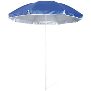 A blue beach umbrella with a white underside and a central pole, designed for outdoor leisure use.