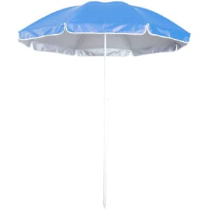 A blue beach umbrella with a white pole, featuring a silver trim, designed for outdoor leisure activities.