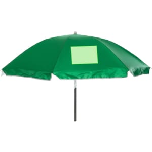 A green beach umbrella with a silver pole, featuring a plain section for branding.