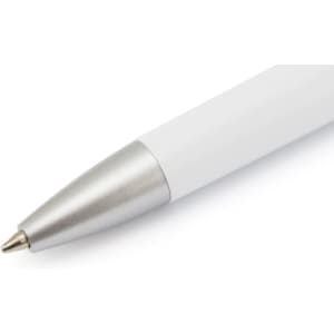 A plastic pen in white with a silver tip, featuring a logo on the surface.