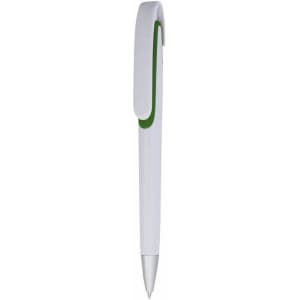 A white plastic pen with a green clip and silver tip. The pen features a logo on its body.