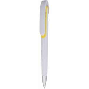 A white plastic pen with a yellow accent, featuring a clip and a silver tip. The pen has a simple design and branding.