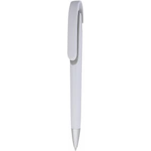 A white plastic pen with a sleek design and a clip for easy attachment. It features a logo on the body.