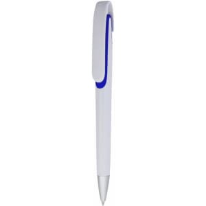 A white pen with a blue accent and a clip. The pen has a sleek design and a silver tip.