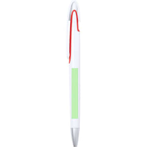 A white plastic pen with a green grip and red accents, featuring a silver tip and a branding logo.