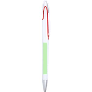 A plastic pen in white with a green grip and silver accents. It features a clip and has branding.