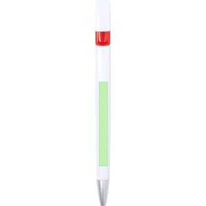 A plastic pen featuring a white body, red accent, and green section for branding or labelling.