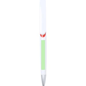 A white plastic pen with a green accent and a silver tip, featuring a logo.