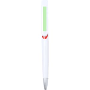 A plastic pen with a white body, green accent, and silver tip. It features a logo on the surface.