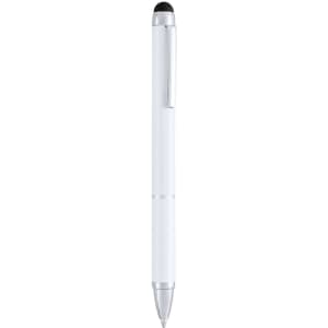 A white Minox Stylus Touch Ball Pen with a silver clip and a rubber stylus tip. It features a branding logo.