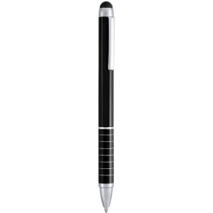 A black stylus touch ball pen with silver accents and a curved grip. It features a branding logo.