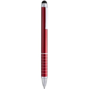 A red stylus touch ball pen with a silver tip and a logo on the side.