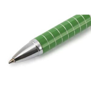 A green stylus touch ball pen with silver accents and a striped design. Features a branding logo.