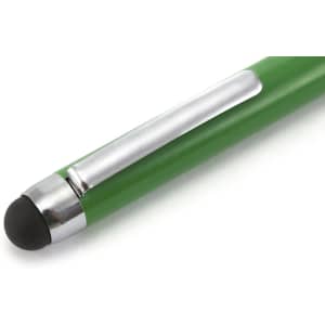 A green stylus touch ball pen featuring a chrome clip and a black rubber tip.