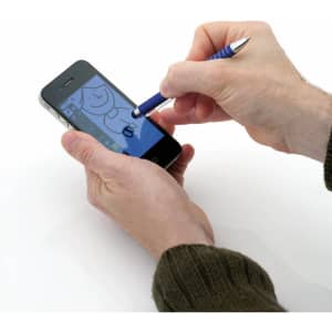 A blue Minox Stylus Touch Ball Pen is being used on a smartphone screen, with a person's hand gripping the pen.