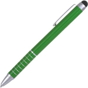 A green stylus touch ball pen with a silver clip and tip, featuring a ridged grip design.