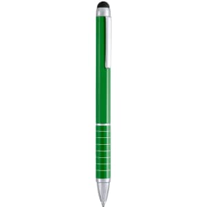 A green stylus touch ball pen with a chrome clip and silver accents. Features a black rubber tip for touchscreens.