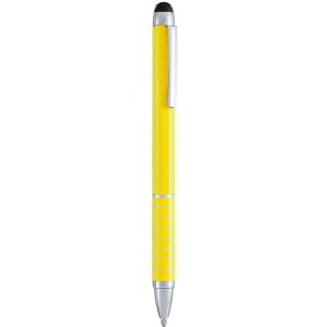 A yellow Minox Stylus Touch Ball Pen with a silver clip and a soft rubber tip for touchscreen use.
