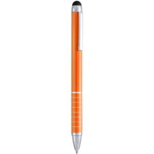 An orange Minox Stylus Touch Ball Pen with a silver clip and tip, featuring a black stylus on top.