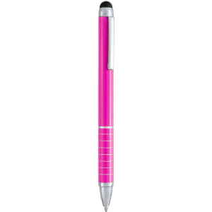 A pink Minox Stylus Touch Ball Pen with a silver clip and a stylus tip on one end.
