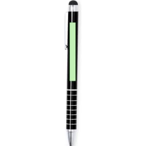 A black ballpoint pen with a stylus tip and a green section, featuring a metallic finish and clip.