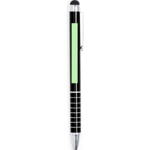 A black stylus touch ball pen with a green accent and silver detailing, featuring a clip and a branding area.