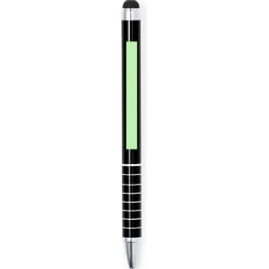 A black stylus touch ball pen with a mint green section and silver accents, featuring a branding logo.