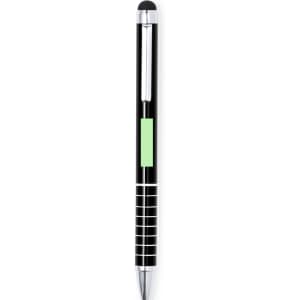 A black ballpoint pen with a stylus tip and a green accent, featuring a logo on the side.