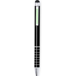A black Minox Stylus Touch Ball Pen with a chrome tip and a green accent, featuring a logo on the body.