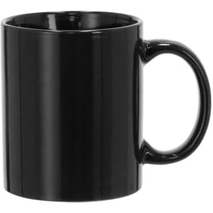 A black coffee mug with a glossy finish and a sturdy handle, featuring a branding logo.