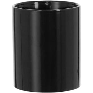 A black coffee mug with a glossy finish and a simple cylindrical design, featuring a logo.