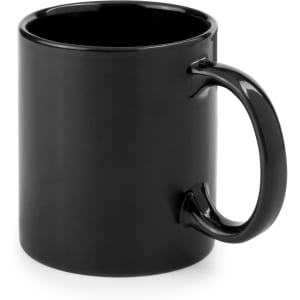 A black coffee mug with a glossy finish and a sturdy handle. The mug features a logo.