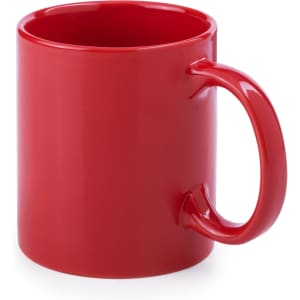 A red coffee mug with a smooth finish and a large handle. It features a logo on the surface.