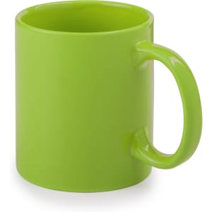 A green coffee mug with a glossy finish and a curved handle, featuring a logo.