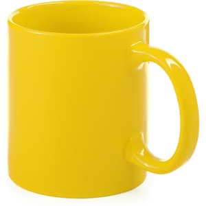 A yellow coffee mug with a smooth finish and a classic handle, featuring a logo.
