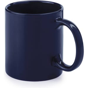A coffee mug in a deep navy blue with a glossy finish and a sturdy handle. It features a branding logo.