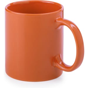 An orange coffee mug with a smooth finish and a sturdy handle, featuring a simple design.
