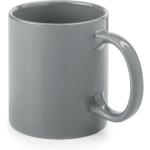 A drink mug in a solid grey colour featuring a simple design and a single handle. It has a logo on the side.