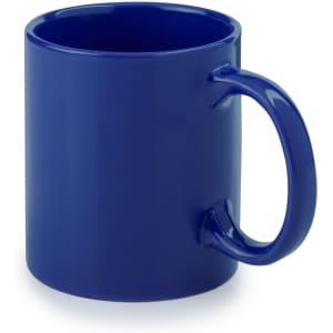 A blue coffee mug with a smooth finish and a curved handle, featuring a logo.