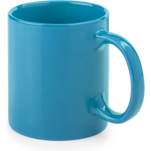 A bright blue coffee mug with a smooth finish and a sturdy handle. It features a simple design and includes a logo.