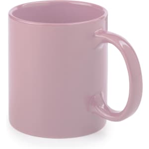 A pink coffee mug with a glossy finish and a curved handle, featuring a simple design and no visible branding.
