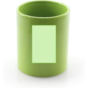 A green ceramic coffee mug featuring a blank section. The mug has a shiny finish and a cylindrical shape.