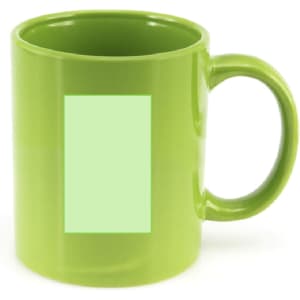 A green drinkware coffee mug featuring a blank space for custom designs, with a comfortable handle.