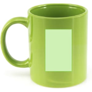 A green coffee mug with a blank area for custom design, featuring a sturdy handle.