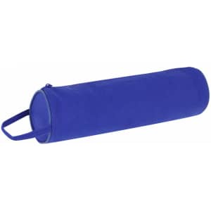 A cylindrical blue pencil case with a zip closure and a handle. It has a logo on the surface.