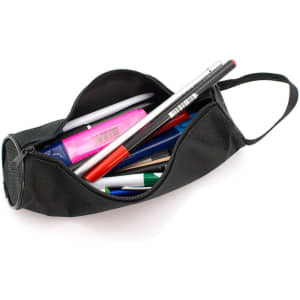 A black pencil case filled with various pens, markers, and highlighters. It features a zippered closure and a handle.